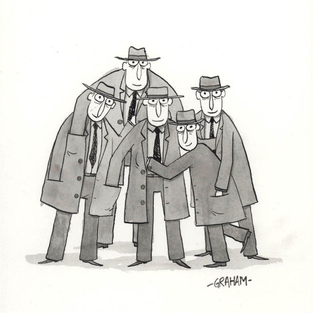 A cartoon illustration of five smiling men in long coats and hats with their hands in each other's pockets. 