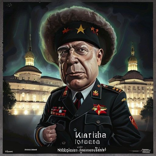 Created with #Midjourney
04/07/26

"
"Political caricature of Viktor Orbán in the style of the reference image (https://x.com/Ieu61/status/1895595391326044572)
. He is wearing a Soviet-style military uniform with a large fur hat (ushanka) featuring a communist red star emblem. His facial features are exaggerated for comedic effect—particularly emphasizing characteristic facial proportions. He is positioned formally against a dramatic background featuring illuminated government buildings (Hungarian Parliament Building) at night with golden and green lighting. The overall tone is satirical and propagandistic, with bold, imposing composition. Include text at the bottom in white letters reading something like 'MAGH ASSET GOVERNING HUNGARY (political commentary). The art style should be hyper-realistic with dramatic lighting and a dark, atmospheric quality. High resolution, professional political cartoon aesthetic."

Sorry, did not correct the text, keeps haluzinatin