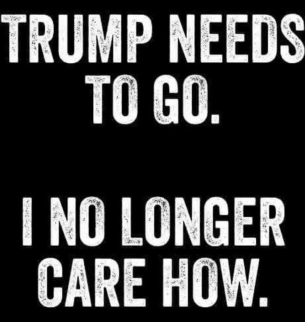 White text on a black background says:

Trump needs to go.
I no longer care how.