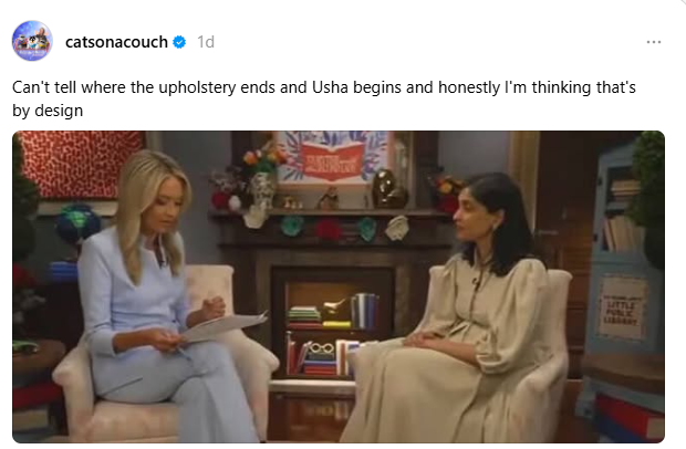 @ catsonacouch & 1c ~
Can't tell where the upholstery ends and Usha begins and honestly I'm thinking that's
by design

Screencap of a TV interview, a blonde white woman in a blue pastel pantsuit sits across from Usha Vance, who is wearing a dress that is the exact colour of the chair she is sitting on, giving the impression she is growing out of the chair like the Navigator from Alien. 
