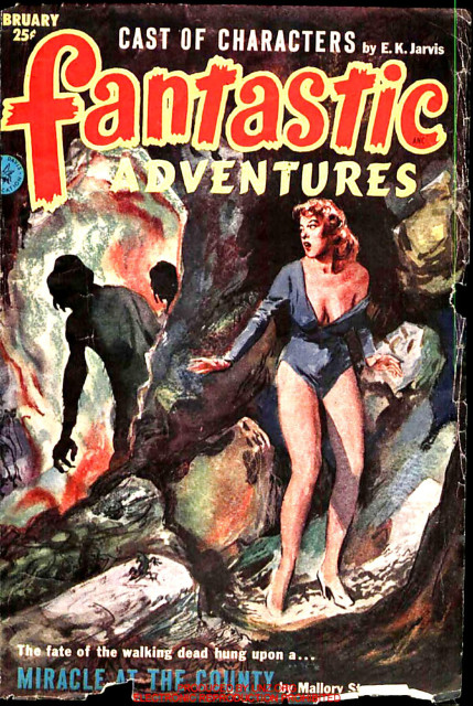 A woman in leotard-like clothing hides in an underground setting, as humanoid shapes with clawed hands, seen in silhouette, approach in a tunnel.
Fantastic Adventures magazine cover from 1953.
