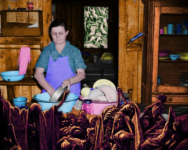 A woman washing dishes by hand in a rural, early 20th century shack. In the foreground is a jumble of tortured golgthan skeletons ganked from a Dore Old Testament engraving. Through the window in the back of the shack, we see a detail from another Dore Old Testament engraving: bodies escaping The Flood.