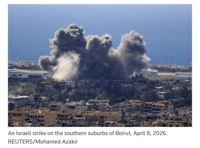 An Israeli strike on the southern suburbs of Beirut, April 8, 2026. REUTERS/Mohamed Azakir