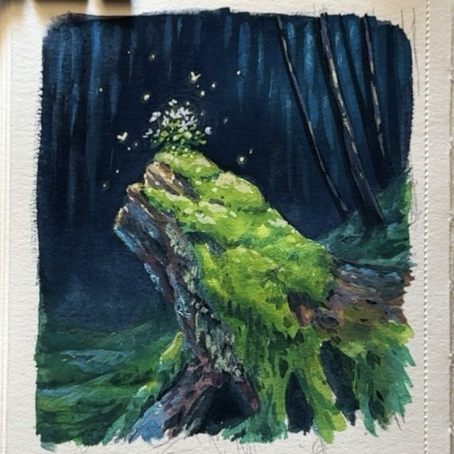 A gouache painting of the same stump, but transposed into a darker forest, where the light focuses on the moss, and the tiny white flowers growing on top of the stump.
