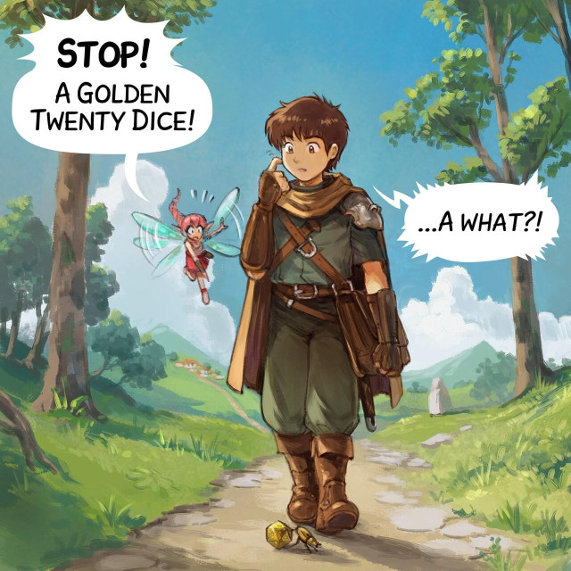 Panel 1. While walking on a path in nature, a young fantasy adventurer with a fairy with pink hair, suddenly looks at the floor at a golden shiny detail crossing their way:  
> Pink-fairy: "Stop! A Golden Twenty Dice!"  
> Adventurer: "A what?..."