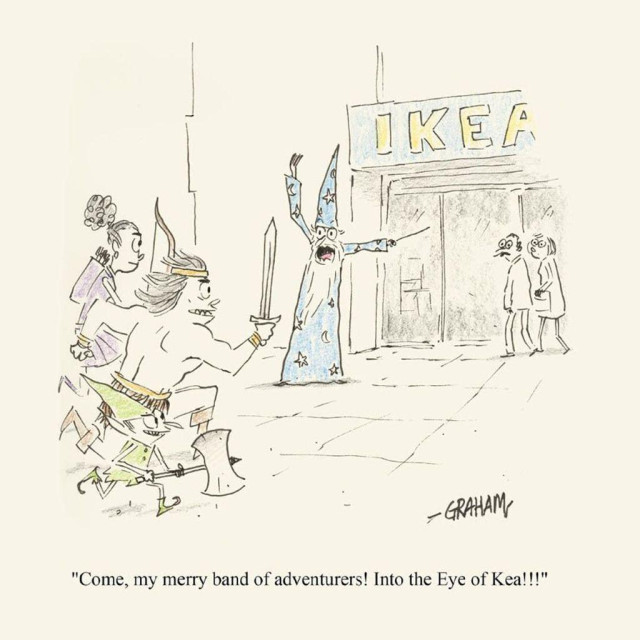 A cartoon illustration of a group of adventurers, a barbarian, archer, and elf, being guided by a yelling wizard into an IKEA store. Caption reads "Come, my merry band of adventurers! Into the Eye of Kea!!!"