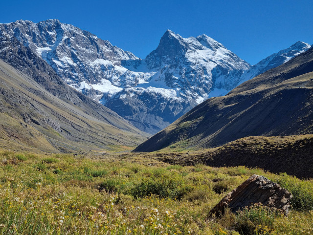 Valley with snow-covered mountains in the background