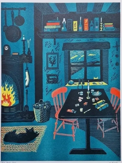 Print of an interior at night.with a lit.fire in the fireplace, a table and chairs and sleeping cat on the floor