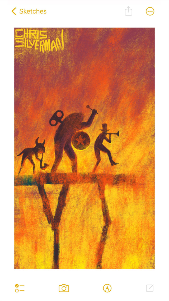 A thin, rickety bridge extends through a raging red and yellow inferno. Marching along the bridge is an eerie procession, led by a person wearing a tall top hat. The person is blowing a trumpet. Behind them, a hulking figure with a windup key sticking out of its back thumps a drum with a red star on it, hung around its neck. In the rear is a small, hunched figure with horns and a tail, playing a saxophone. The painting is signed "Chris Silverman".
