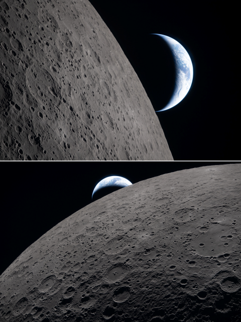 2 earth-set images

1. As the Artemis II crew came close to passing behind the Moon and experiencing a planned loss of signal, they captured this image of a crescent Earth setting on the Moon’s limb.

The edge of the visible surface of the Moon is called the “lunar limb.” Seen from afar, it almost looks like a circular arc – except when backlit, as in other images captured by the Artemis II crew.

2. The lunar surface fills the frame in sharp detail, as seen during the Artemis II lunar flyby, while a distant Earth sets in the background. This image was captured at 6:41 p.m. EDT, on April 6, 2026, just three minutes before the Orion spacecraft and its crew went behind the Moon and lost contact with Earth for 40 minutes before emerging on the other side.

In both images, the dark portion of Earth is experiencing nighttime, while on its day side, swirling clouds are visible over the Australia and Oceania region. In the foreground, Ohm crater shows terraced edges and a relatively flat floor marked by central peaks — formed when the surface rebounded upward during the impact that created the crater.

Credit: NASA