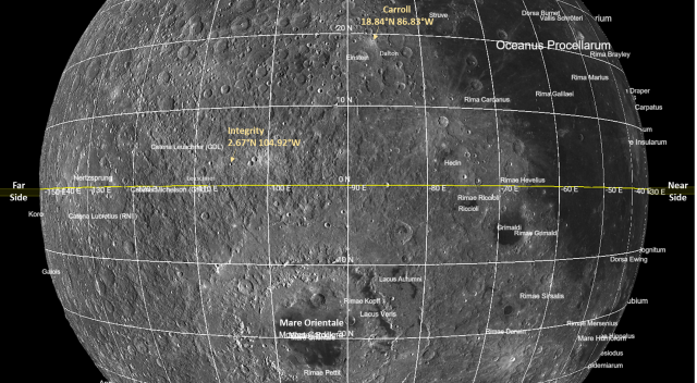 Map of moon centered at Latitude 0, Longitude 90W
With locations of the 2 new craters
