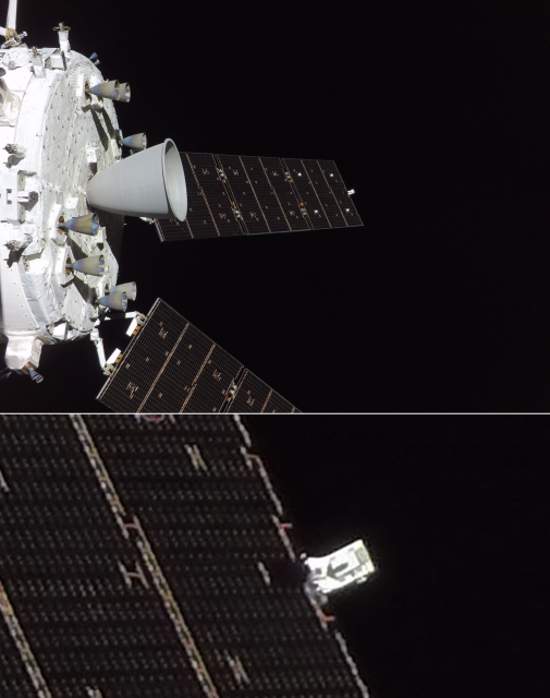 1. description from NASA  - Guiding the Journey

art002e012495 (April 7, 2026) - The engines on the Orion spacecraft’s service module are prominently featured in this image from flight day six of the Artemis II mission. Taken from a camera mounted on a solar array wing, the largest is the orbital maneuvering system engine, surrounded by eight smaller auxiliary thrusters. Credit: NASA

2. Closeup of the far edge of the solar array with the GoPro camera attached to it.
