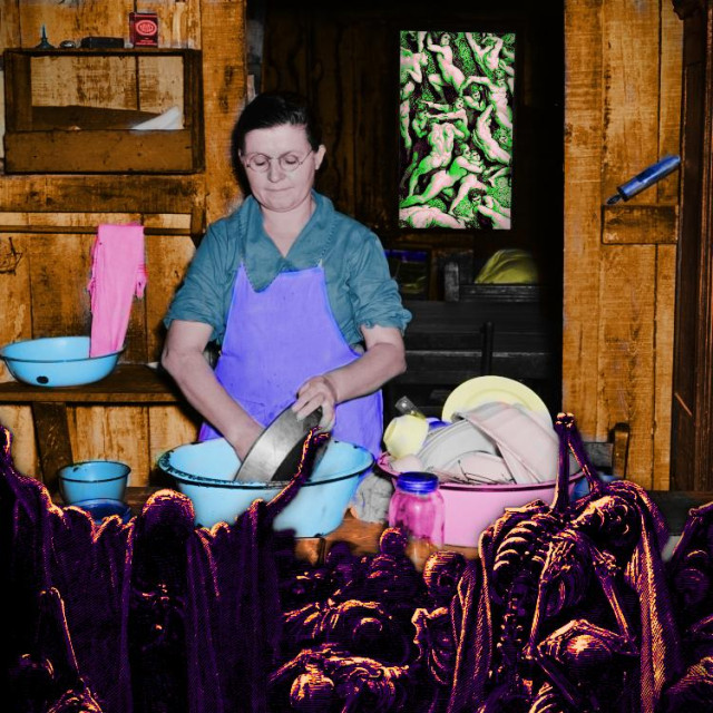 A woman washing dishes by hand in a rural, early 20th century shack. In the foreground is a jumble of tortured golgthan skeletons ganked from a Dore Old Testament engraving. Through the window in the back of the shack, we see a detail from another Dore Old Testament engraving: bodies escaping The Flood.