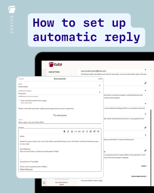 Screenshot of Tuta Mail account showing how to set up automatic reply