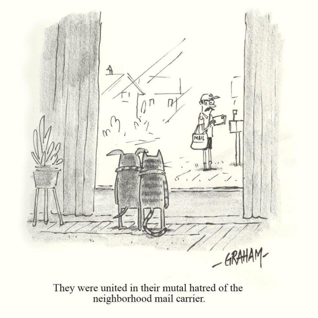 A cartoon illustration of a dog and cat holding each other as they look out the window at an irritated mailman. Caption reads "They were united in their mutual hatred of the neighborhood mail carrier."