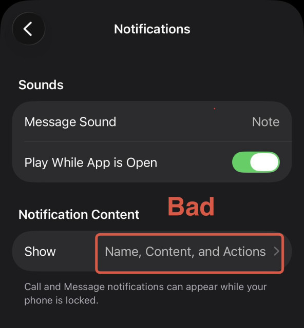 Default Signal settings on an iPhone 
Notifications: Show Name, Content, and Actions 