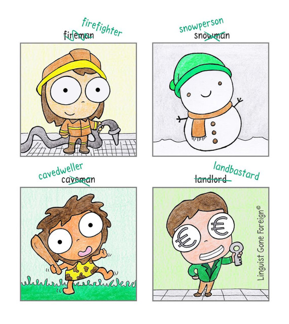 Illustration featuring four colorful cartoon panels, each depicting a character with a traditional label that has been crossed out and replaced by an inclusive alterantive, written above in green. Top left: A person in orange firefighter gear holding a hose stands on a tiled floor. The word "fireman" is crossed out and replaced with "firefighter." Top right: A smiling snow figure with a green hat and orange scarf stands in a snowy landscape. The word "snowman" is crossed out and replaced with "snowperson." Bottom left: A wide-eyed figure with messy brown hair, wearing a yellow animal-print garment, holds a club and stands on green grass. The word "caveman" is crossed out and replaced with "cavedweller." Bottom right: A person in a green suit with euro signs in their eyes holds a key while standing on a tiled floor. The word "landlord" is crossed out and replaced with "landbastard." The bottom right corner includes the watermark Linguist Gone Foreign.