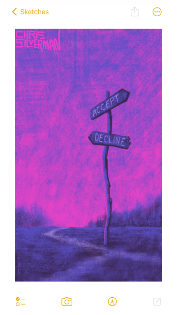 A signpost standing at a crossroads in a barren place, under a pink and purple sky. It has two signs: "Accept", pointing right, and "Decline", pointing left. In the distance is a treeline. The painting is signed "Chris Silverman".