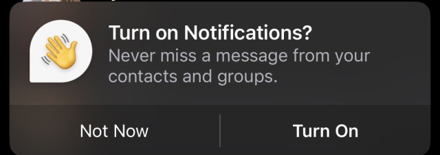 Example of hostile design from the Signal app: Turn on Notifications?

Never miss a message from your contacts and groups.

Buttons:
Not Now
Turn On