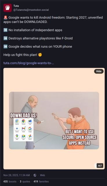 Google product logos and a text saying "Download us" with a cartoon of a man holding a knife up to another man who is trying to protect himself and saying "But I want to use secure, open source apps instead"