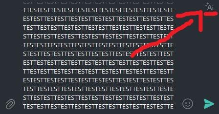 Screenshot of a Telegram message draft of the word "TEST" repeatedly written. On the top right corner appears an "Ai" icon. A red arrow points from the draft to the icon.