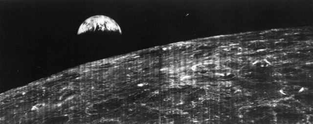 The world's first view of Earth taken by a spacecraft from the vicinity of the Moon. The photo was transmitted to Earth by the United States Lunar Orbiter I and received at the NASA tracking station at Robledo De Chavela near Madrid, Spain. This crescent of the Earth was photographed August 23, 1966 at 16:35 GMT when the spacecraft was on its 16th orbit and just about to pass behind the Moon.

Credit: NASA