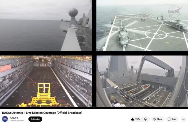Four still frames from video from the pickup ship, one showing ocean and a radar bulb, one showing two helicopers on a pad atop the ship, one showing a big interior hanger area with some sort of yellow scaffolding in front, and one showing a large mechanical deployment arm and two runabouts with inflatable-style edges and seating for several people on each.