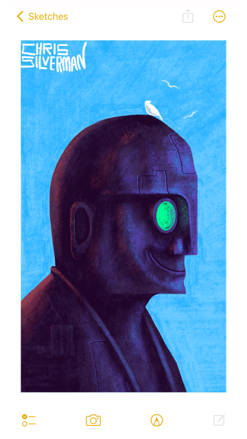 A person seen in profile. Or something that resembles a person, anyway: perfectly smooth head; hard, straight nose; unsettling smile; and glowing green round spectacles. The person is purple, and looks they are made from metal. The outlines of a few rectangular panels are visible. In addition to the bright blue sky around them, they are slightly illuminated from the rear by a reddish light. Perched on top of their head is a white bird, tiny by comparison, with a few more birds in the sky. The painting is signed "Chris Silverman".
