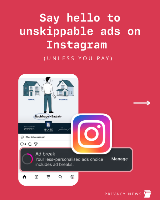 Say hello to uskippable ads on Instagram, unless you pay. Screenshot of Instagram's Ad break. 
