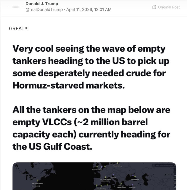 A post on Lies Social - Trumps social media announcement place;
Great!!
Very cool seeing the wave of empty tankers heading to the US to pick up some desperately needed crude for Hormuz-starved markets.
All the tankers on the map below are empty VLCCs [2 million barrel capacity each] currently heading for the US Gulf coast.