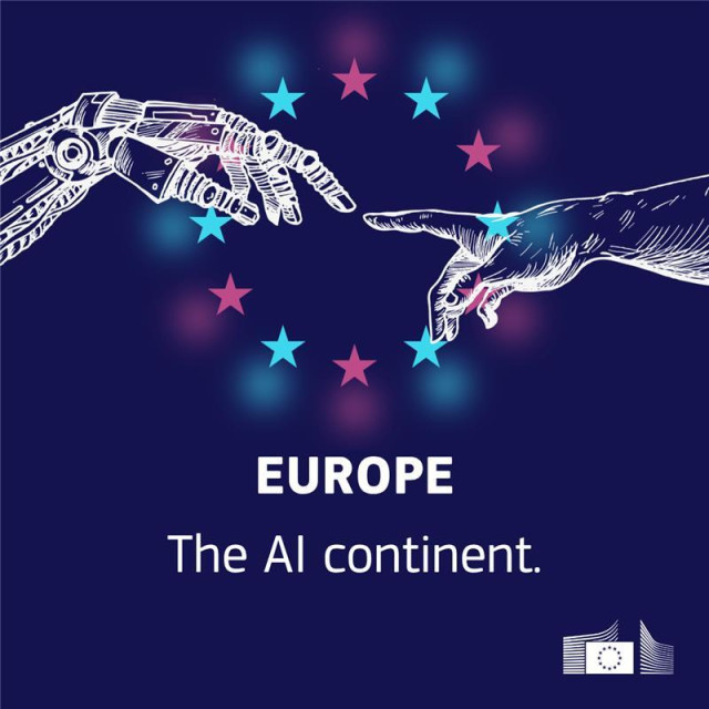 A robotic hand and a human hand reaching towards each other, reminiscent of "The Creation of Adam." They are framed by a circle of glowing pink and blue stars. Below, white text reads "EUROPE The AI continent," with the European Commission logo in the bottom right corner. 