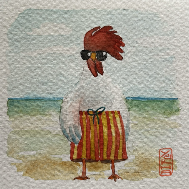 Watercolor illustration of rooster in shorts with sunglasses on the beach