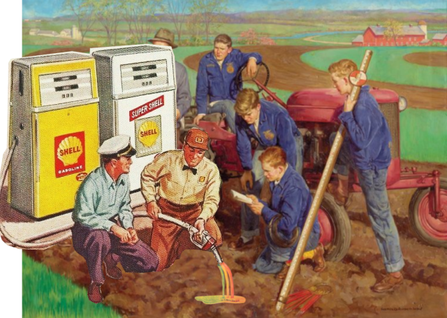 a digital collage showing 1960s-style illustrations of a shell employee pouring gasoline directly onto a farm, with a bunch of cleancut farm boys crowded around him and watching.