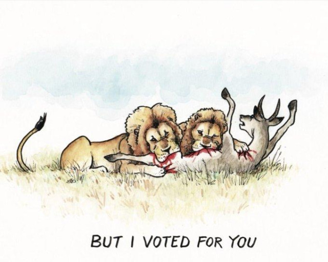 Cartoon of two lions devouring an antelope. The antelope exclaims "But I voted for you!"