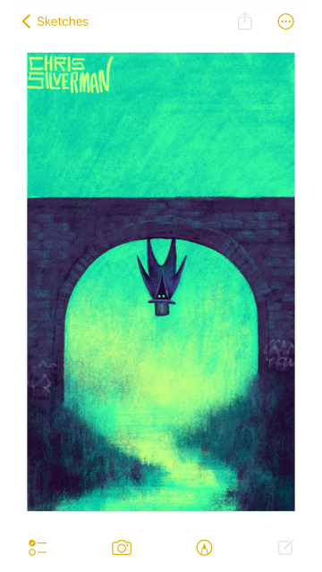 A dark stone bridge over a swampy brook in the middle of nowhere. The sky is an eerie yellow-green. Hanging beneath the bridge is a batlike figure wearing a coat and a top hat. The figure has glowing green eyes. The painting is signed "Chris Silverman".