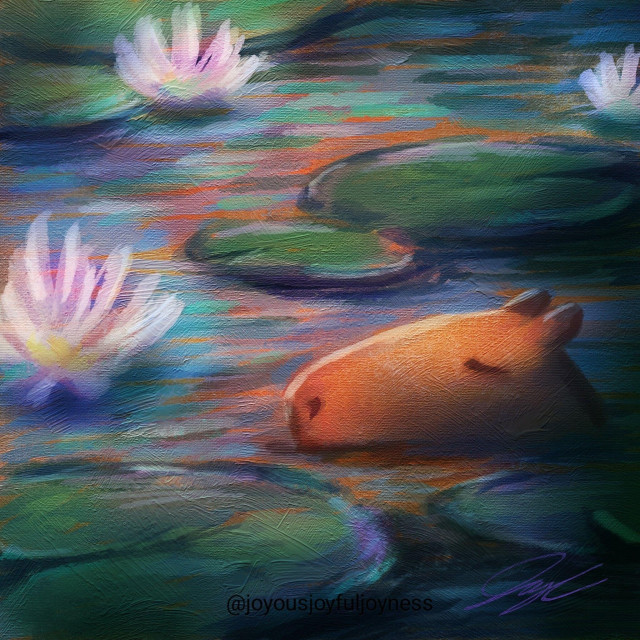 Painting of a capybara sleeping among water lilies. The artist's signature and watermark @joyousjoyfuljoyness are at the bottom.