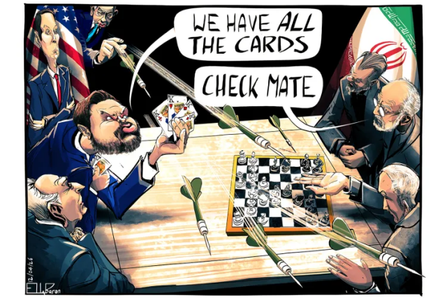 Vance and Kushner on the US side, the Iranian leadership on the other over a table with a chess board. Vance states ‘we hold all the cards )holding four kings), the Iranian who is playing chess states ‘Check mate’ Netanyahu is throwing darts from behind an American flag