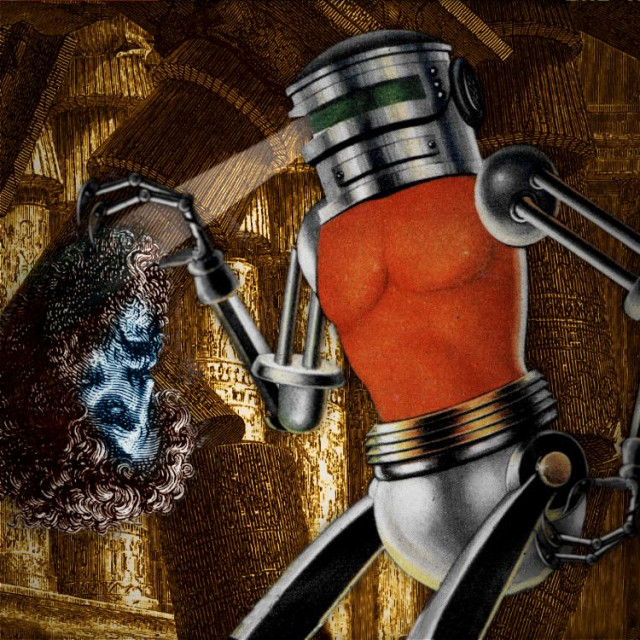 A sci-fi pulp robot holding a grotesque inverted severed head of a beared man aloft, zapping it with rays from its eye-visor. Behind the robot is a scene of collapsing Roman pillars.
