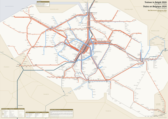 Unofficial Monday-to-Friday rail diagram of Belgium, based on a 30° structure, lines coloured in blue, red and grey