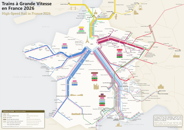 Unofficial rail diagram of France. It shows mainly radial lines approaching Paris in different colours. Lines to Montparnasse in dark blue, lines to Gare de Lyon in light blue, lines to Gare de l'Est in dark red, lines to Gare du Nord in mint green (TGV) and yellow (Eurostar). Ouigo services in pink on all axes. TGV Intersecteur in grey around Paris. TGV Rhin-Rhône in dark green.