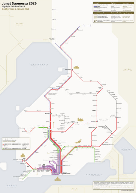 Unofficial rail diagram of Finland, octolinear structure, red, green, purple and grey line colours, dense network around Helsinki