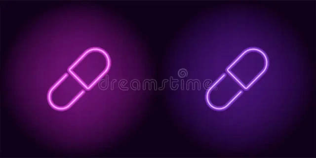 Stylized medical pill. Neon, outline.