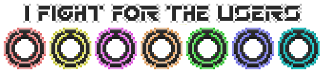 A remixed I Fight For The Users graphic with colored discs, in low-res, widescreen version suitable for a banner.