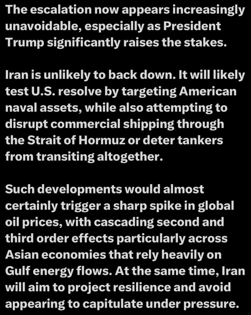 The image contains a text excerpt discussing escalating tensions involving Iran and the U.S., focusing on potential military actions, implications for oil prices, and economic impacts, particularly on Asian economies reliant on Gulf energy.