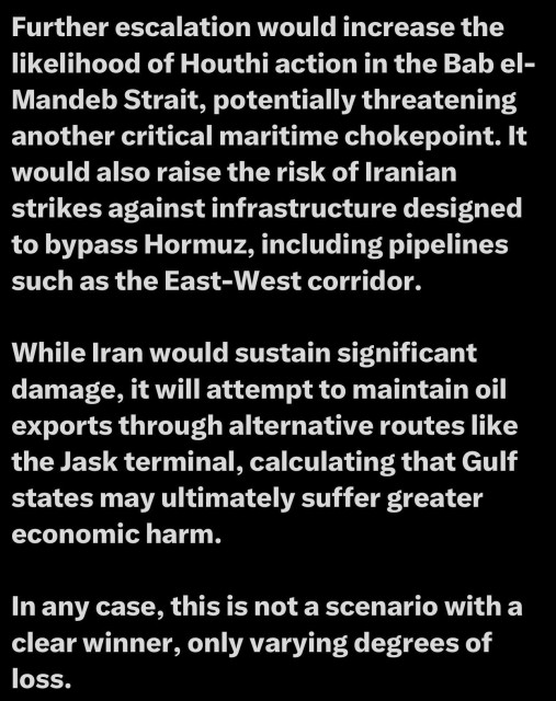 Text discussing potential escalation in the Bab el-Mandeb Strait, highlighting risks of Houthi actions and Iranian strikes on maritime infrastructure. It notes the impact on oil exports and economic consequences for Gulf states, concluding that there are no clear winners in the…