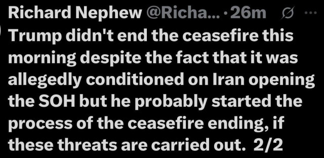 Text from a social media post discussing political commentary on a ceasefire and mentions of Trump and Iran.