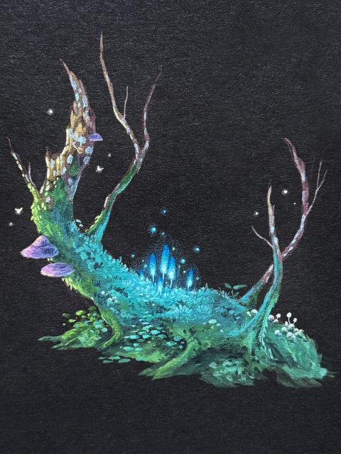 A mixed media painting on black paper of the same trunk, but placed in a darker, more lush environment. Luminescent blue mushrooms grow on the trunk’s mossy center, softly illuminating most of the scene with cold light. Only the left of the trunk, where purplish shelf mushrooms grow, is touched by soft, warm sunlight.