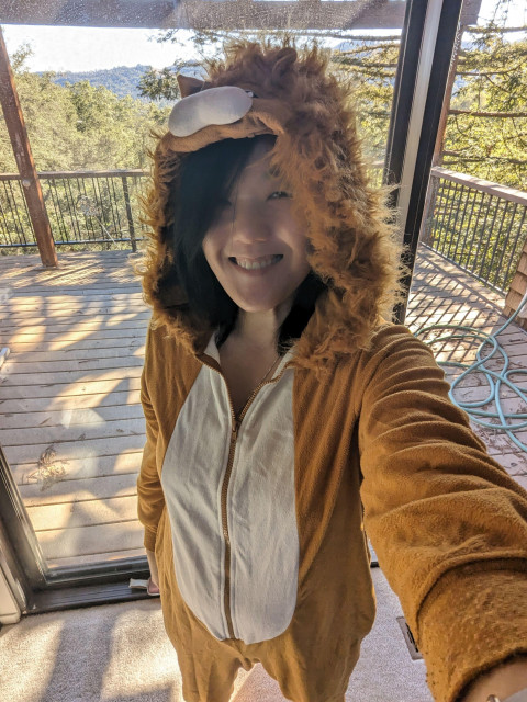 Joy in a lion onesie in front of a sliding door.