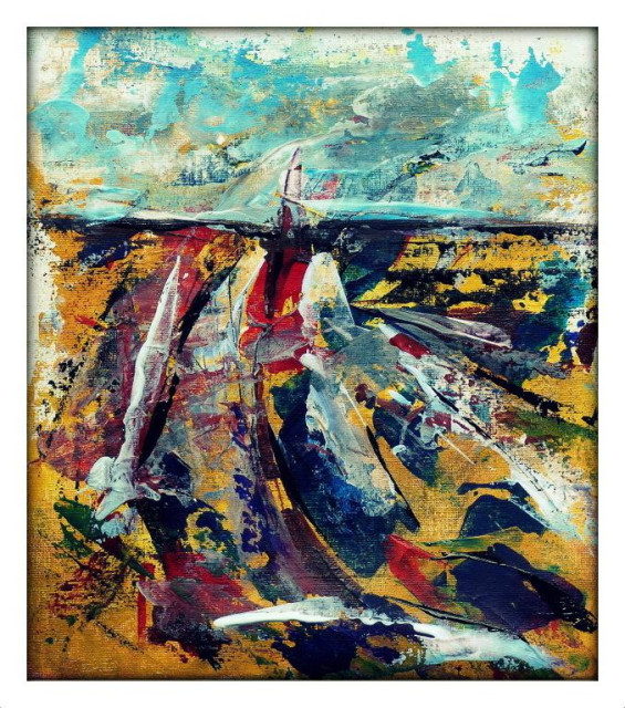 A colour photograph of an abstract landscape painting of a chaotic beach strewn with seaweed under a windy blue sky.