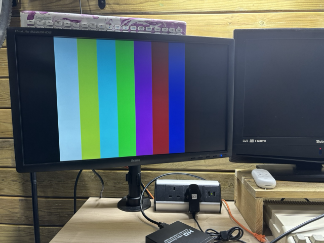 Colour bars displaying on a computer monitor. The colours aren’t quite right.